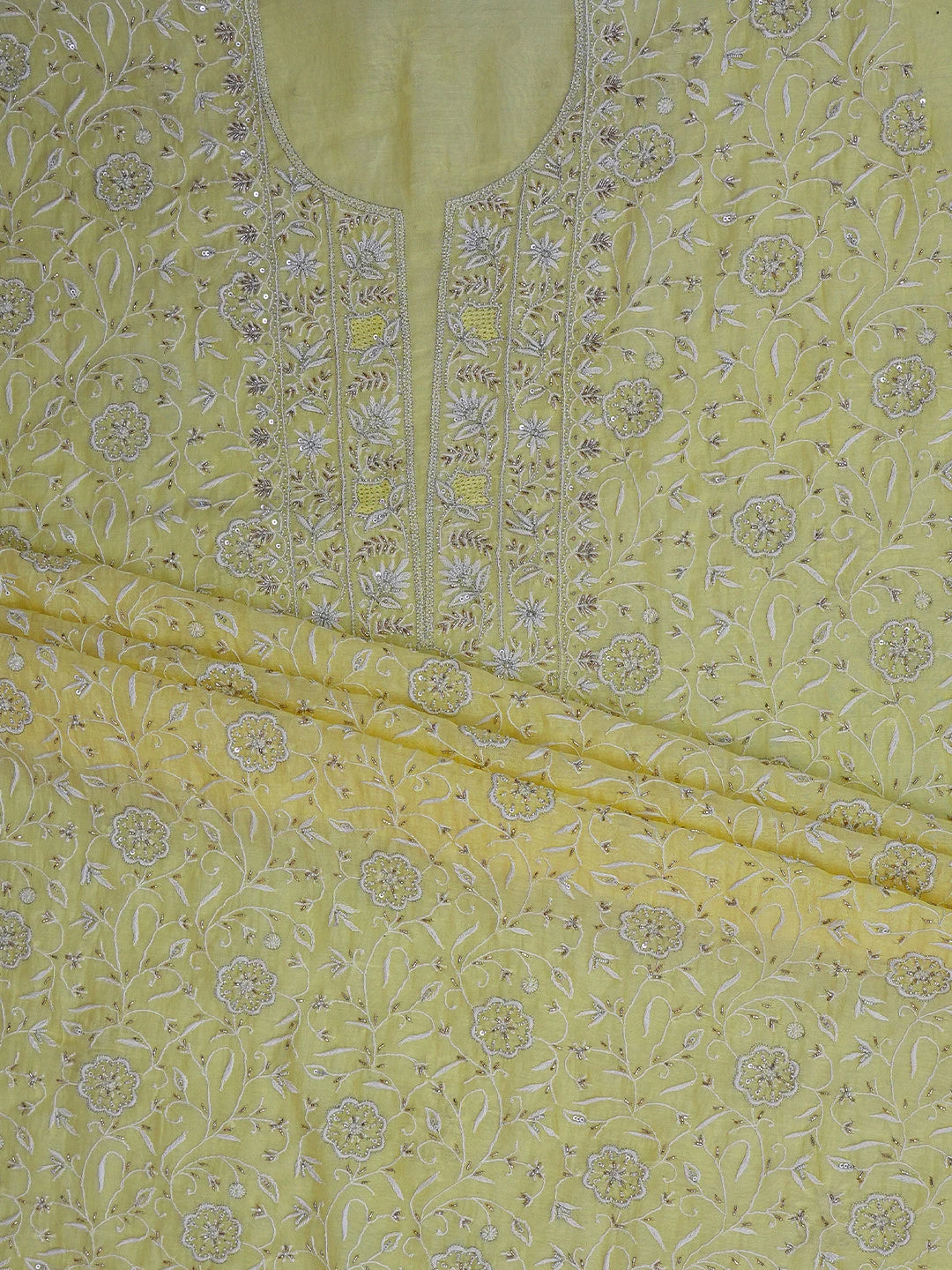 Ada Hand Embroidered Lemon Yellow Chanderi Lucknowi Chikankari Unstitched Kurta Dupatta Set With Cutdana Work 01A712217