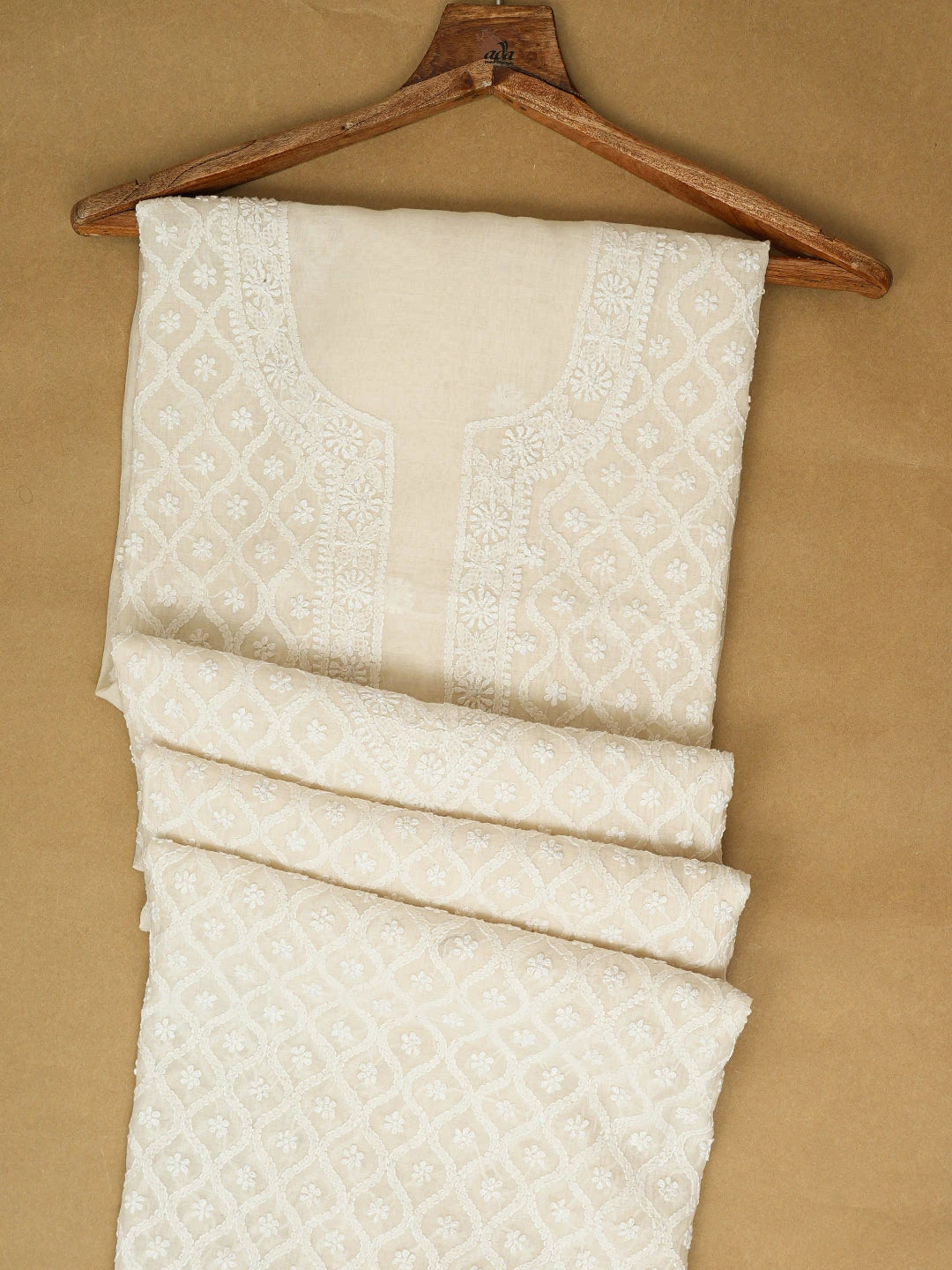 Ada Hand Embroidered White Chanderi Lucknowi Chikankari Unstitched Men's Kurta Piece 01A730568