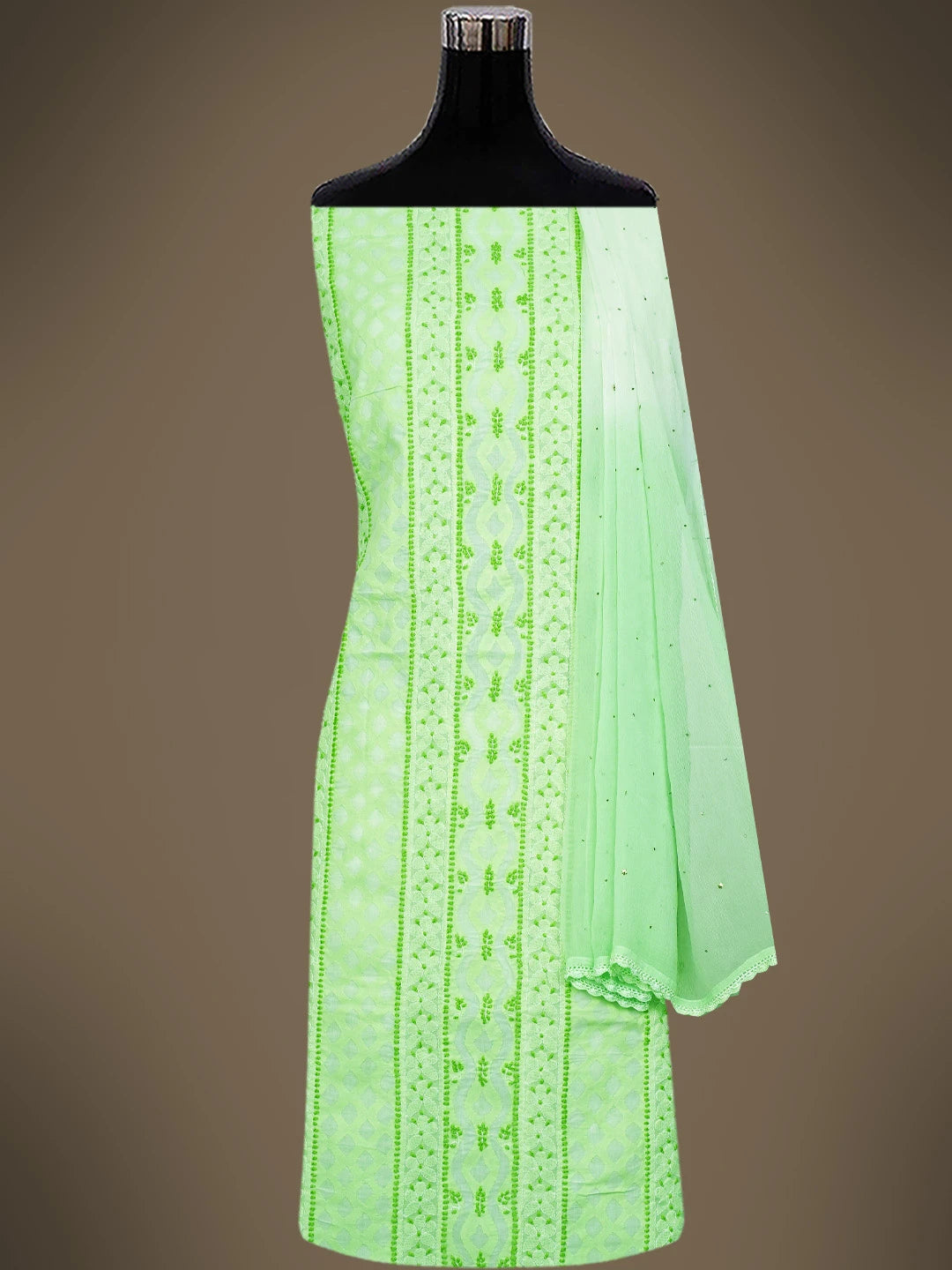 Ada Hand Embroidered Lime Green Cotton Lucknowi Chikankari Unstitched Suit Piece 01A742011
