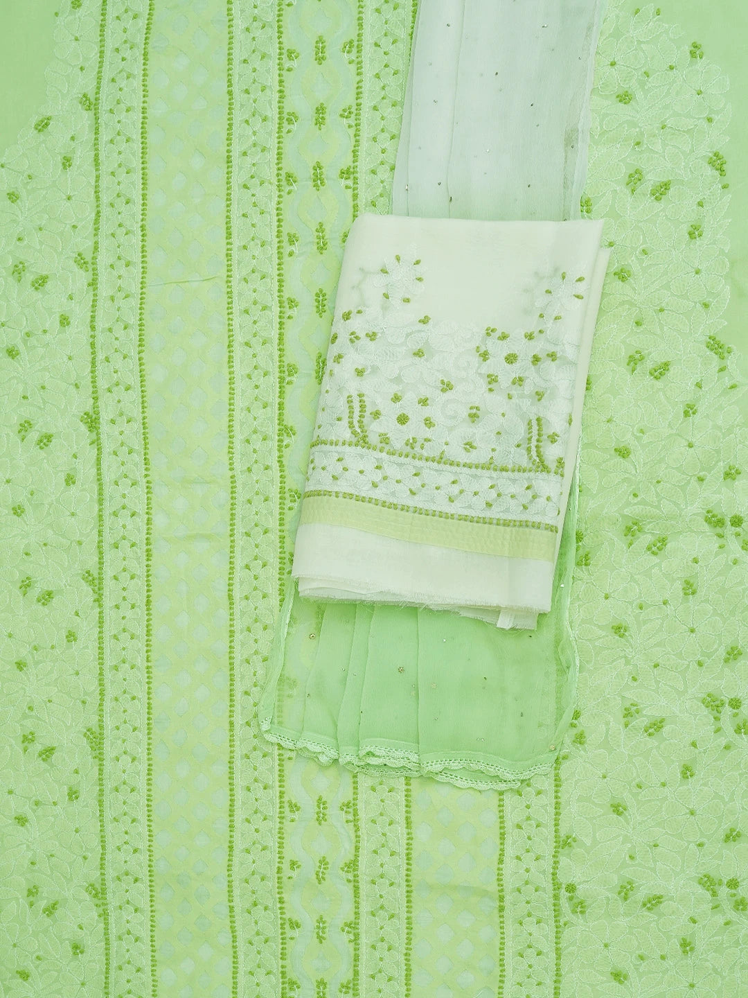 Ada Hand Embroidered Lime Green Cotton Lucknowi Chikankari Unstitched Suit Piece 01A742011