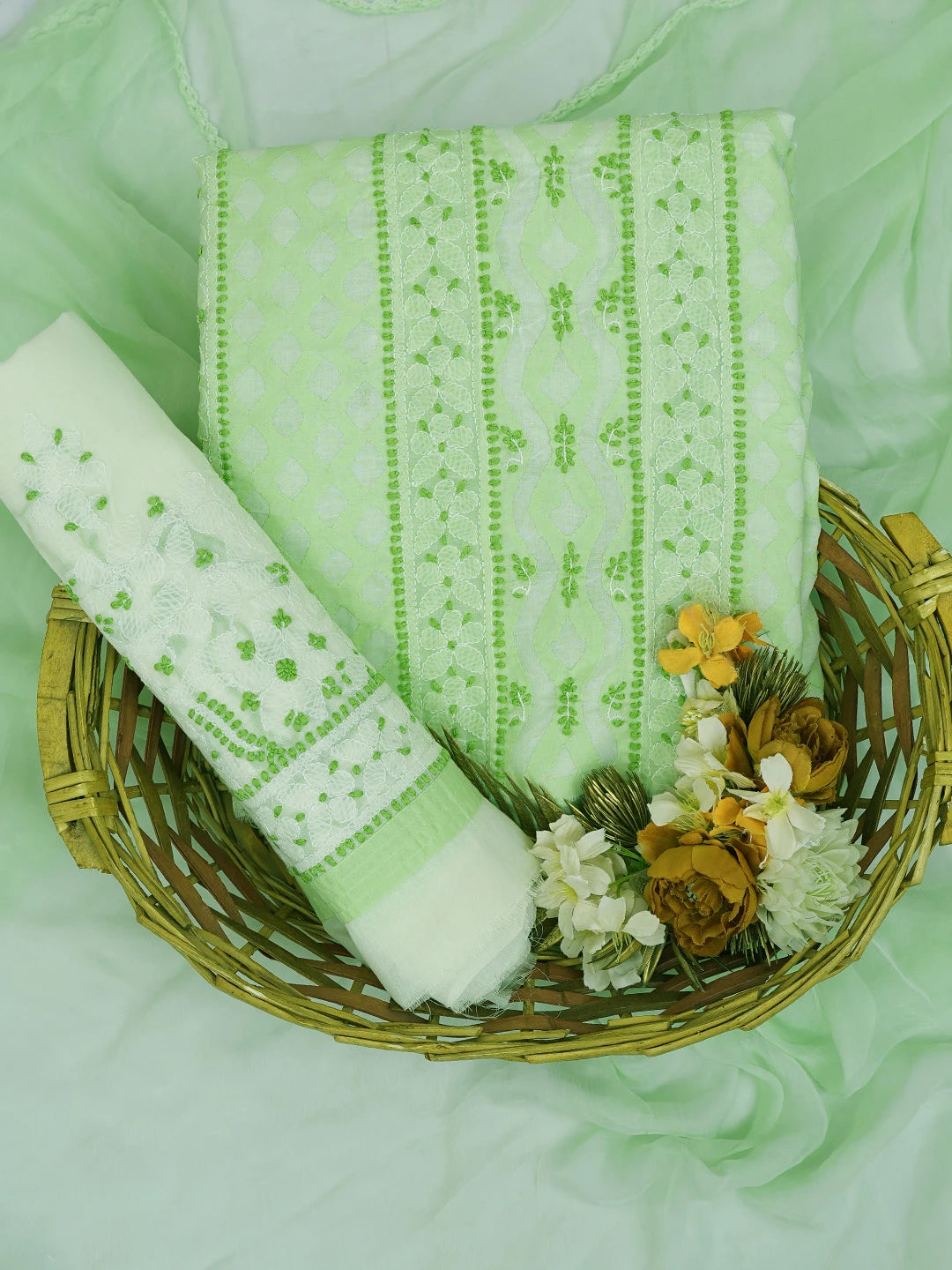 Ada Hand Embroidered Lime Green Cotton Lucknowi Chikankari Unstitched Suit Piece 01A742011