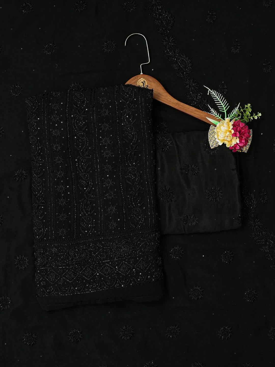 Ada Hand Embroidered Black Pure Georgette Lucknowi Chikankari Unstitched Suit Piece With Sequinned Work 01A330763