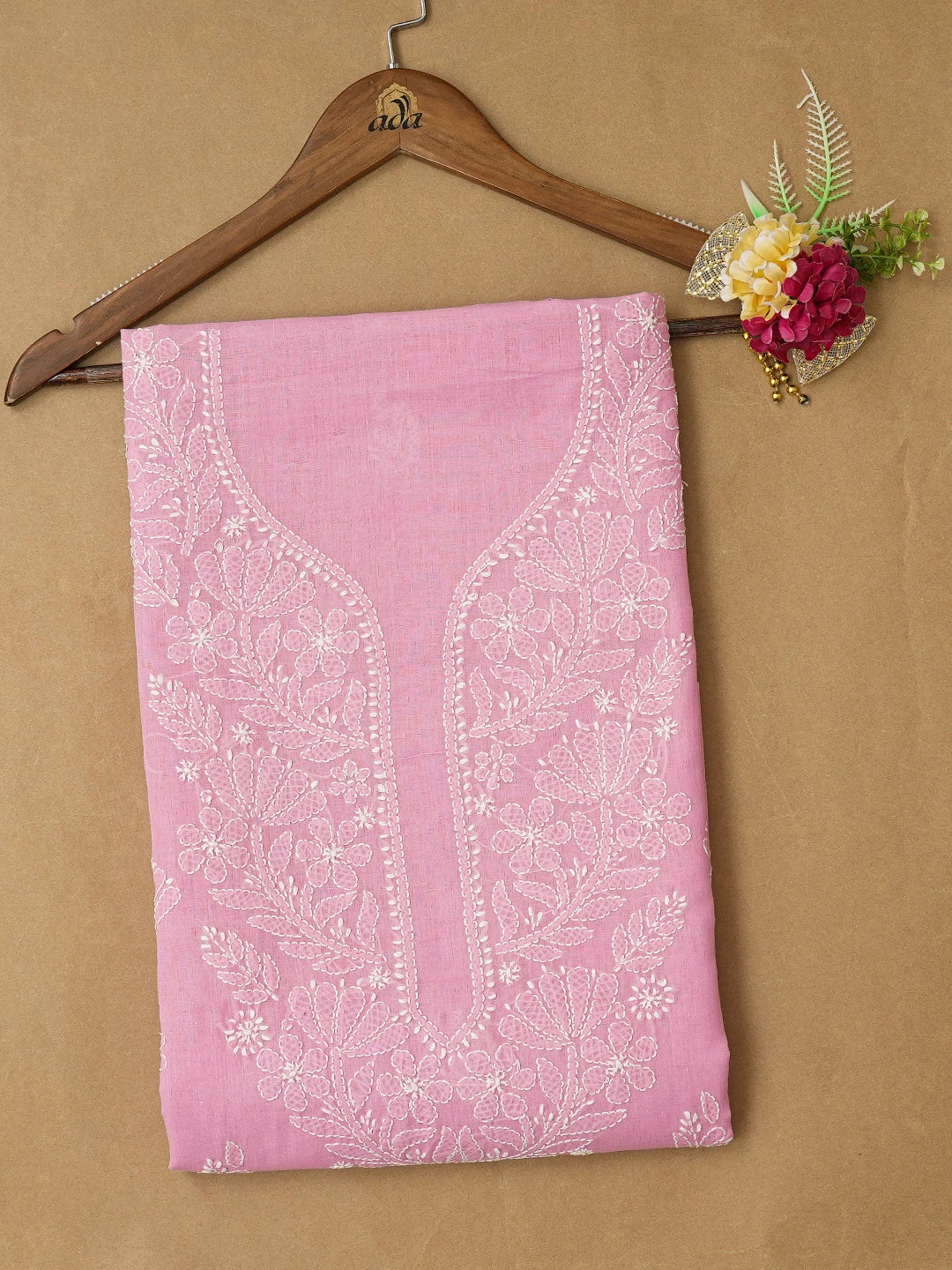 Ada Hand Embroidered Pink Cotton Lucknowi Chikankari Unstitched Kurta Piece 01A725147