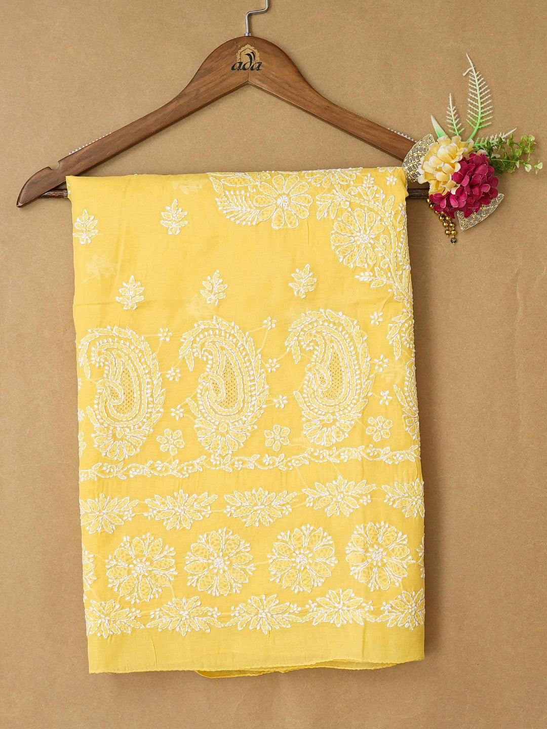 Ada Hand Embroidered Yellow Cotton Lucknowi Chikankari Unstitched Kurta Piece 01A712178