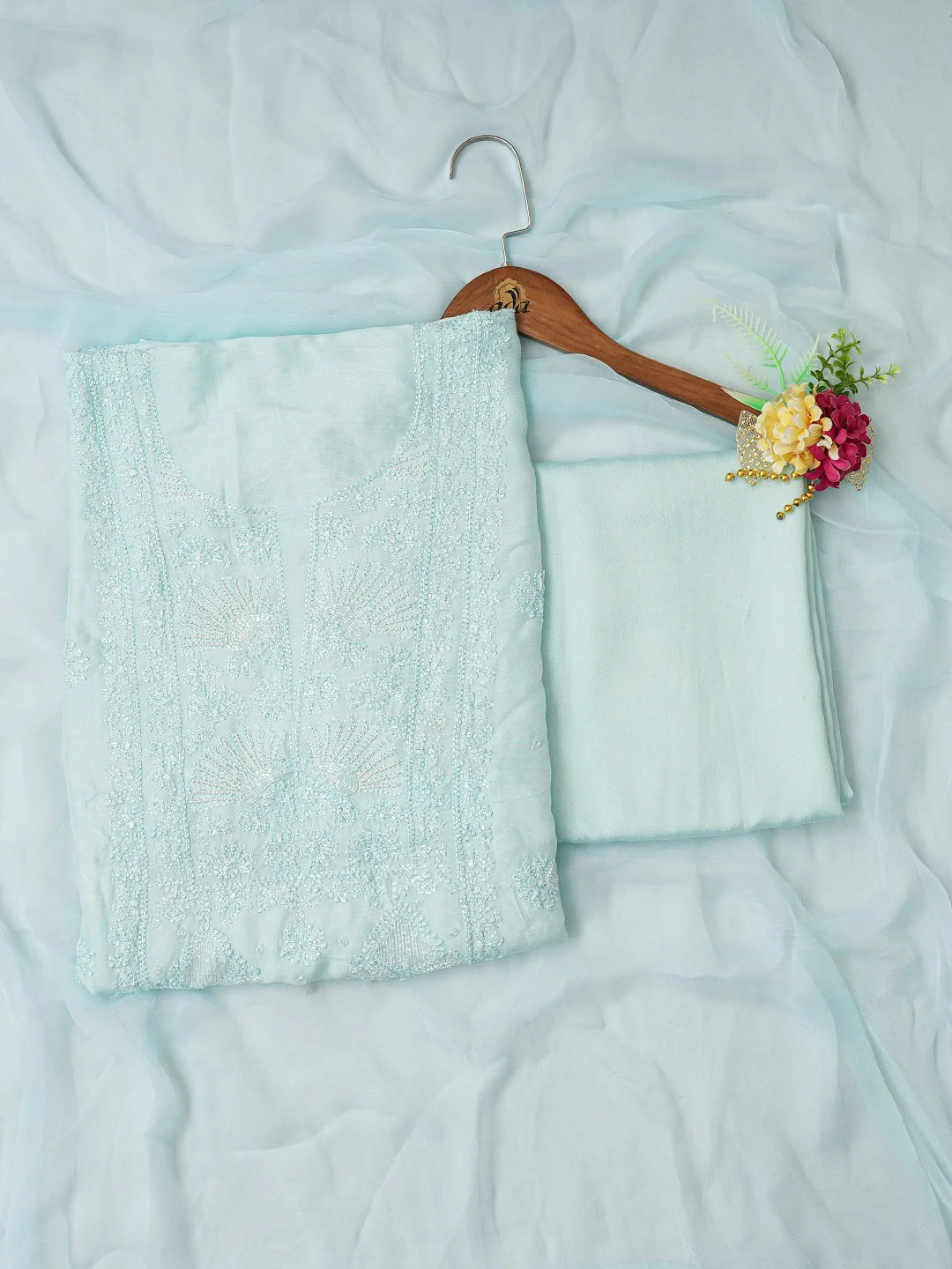 Ada Hand Embroidered Ice Blue Muslin Lucknowi Chikankari Unstitched Suit Piece With Cutdana Work 01A746482