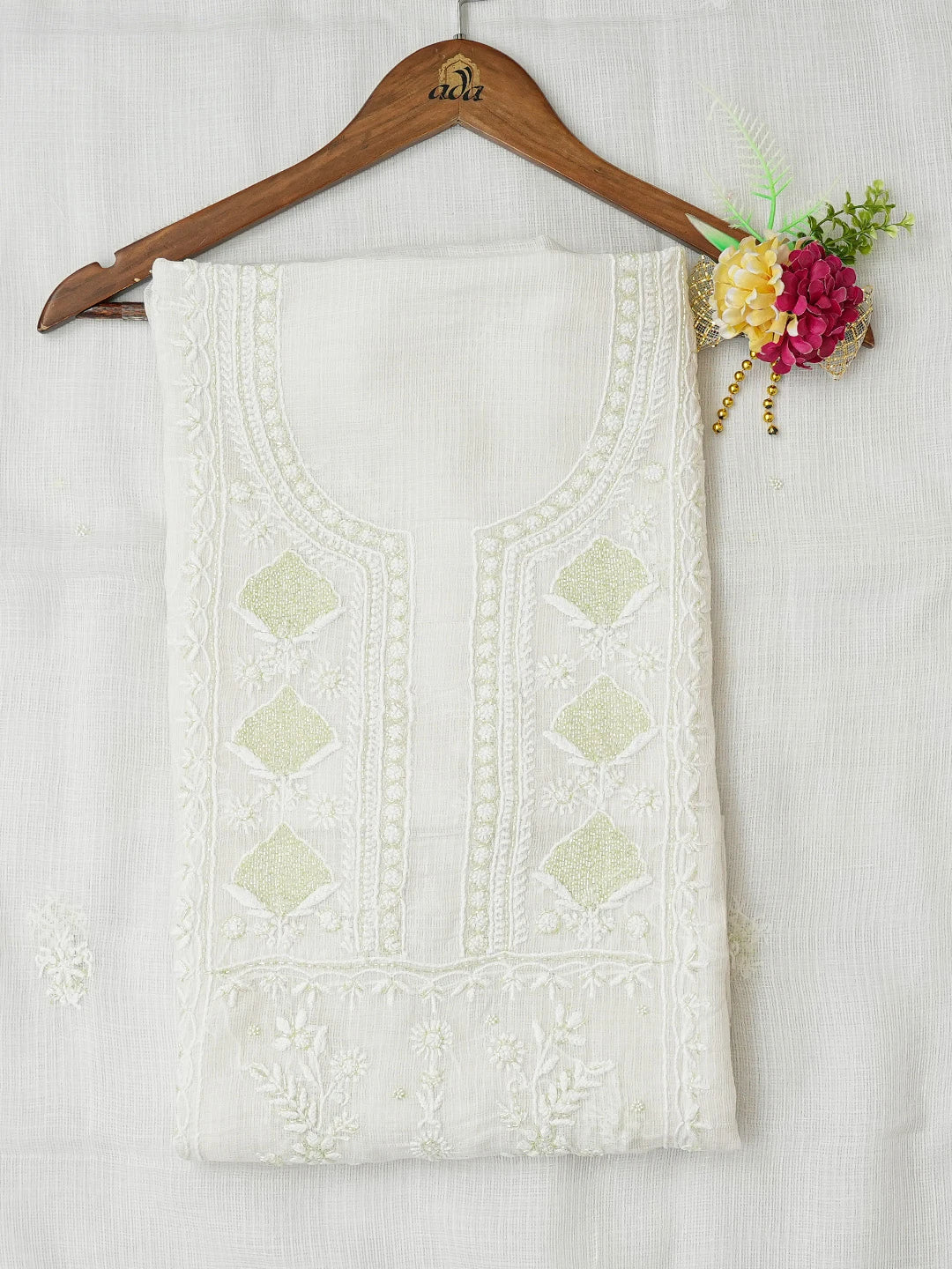 Ada Hand Embroidered White Kota Lucknowi Chikankari Unstitched Kurta Dupatta Set With Cutdana Work 01A749519