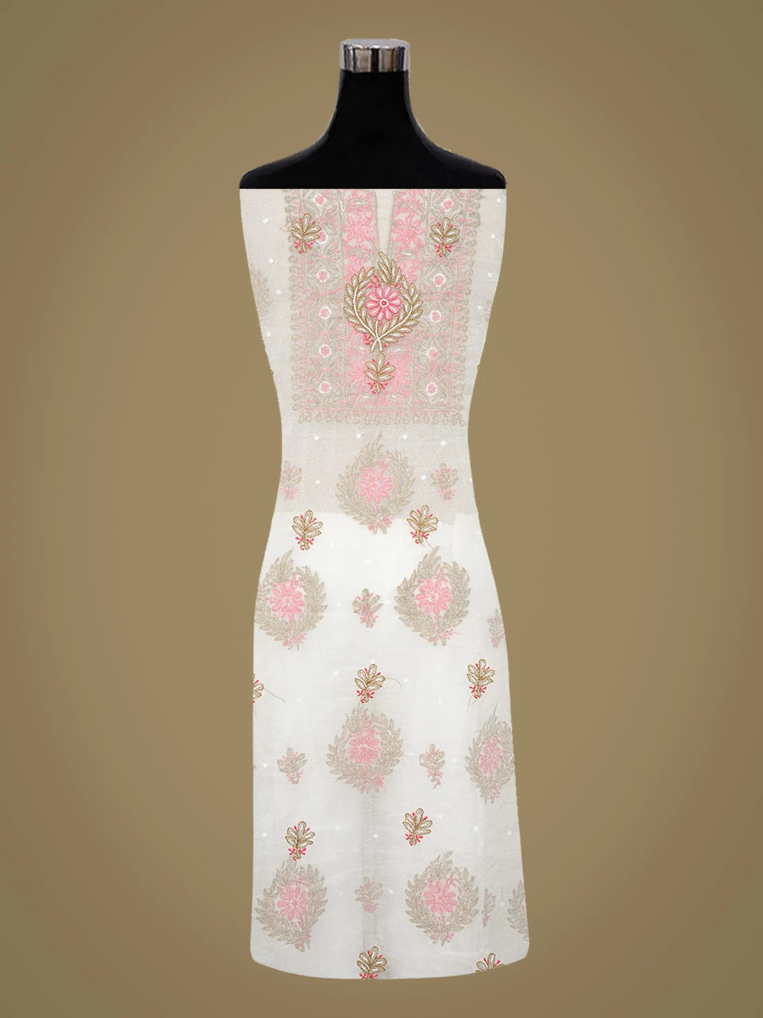 Ada Hand Embroidered Anti -Flash White Organza Lucknowi Chikankari Unstitched Kurta Dupatta Set With Pearl Work 01A745047