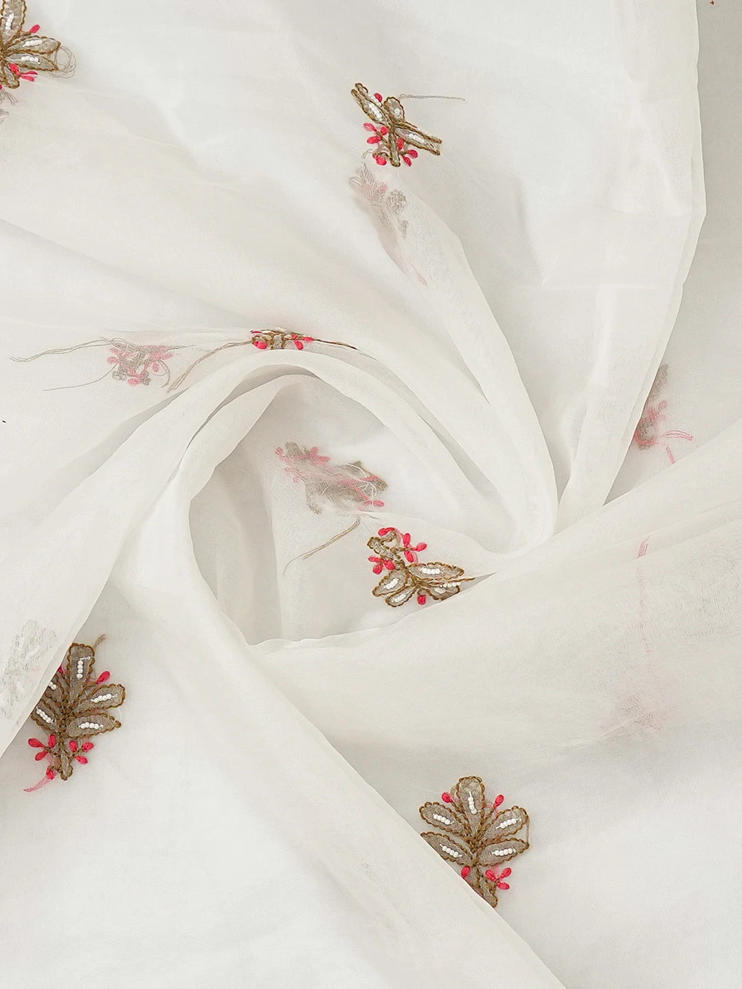 Ada Hand Embroidered Anti -Flash White Organza Lucknowi Chikankari Unstitched Kurta Dupatta Set With Pearl Work 01A745047