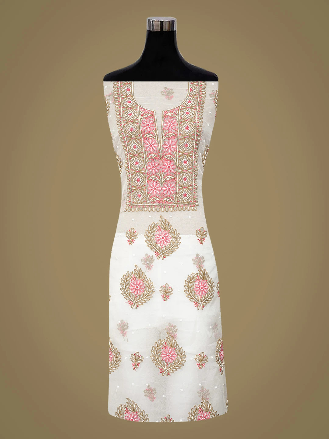Ada Hand Embroidered Anti -Flash White Organza Lucknowi Chikankari Unstitched Kurta Dupatta Set With Pearl Work 01A745047