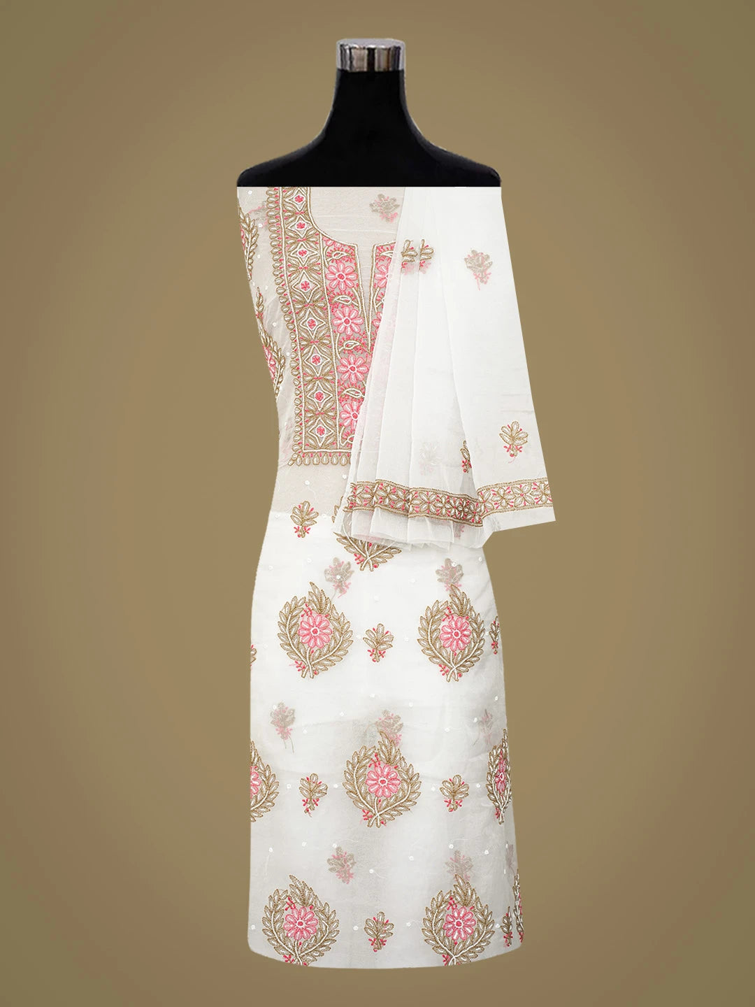 Ada Hand Embroidered Anti -Flash White Organza Lucknowi Chikankari Unstitched Kurta Dupatta Set With Pearl Work 01A745047