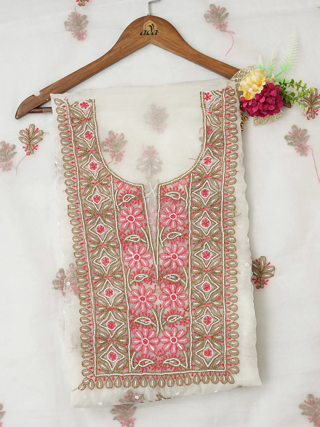 Ada Hand Embroidered Anti -Flash White Organza Lucknowi Chikankari Unstitched Kurta Dupatta Set With Pearl Work 01A745047