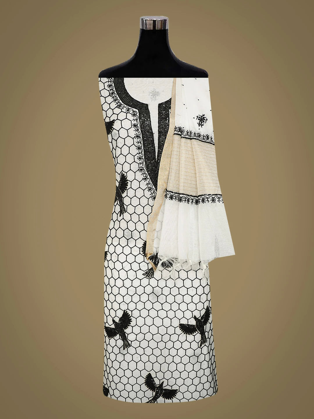 Ada Hand Embroidered White Chanderi Lucknowi Chikankari Unstitched Kurta Dupatta Set With Cutdana Work 01A741509