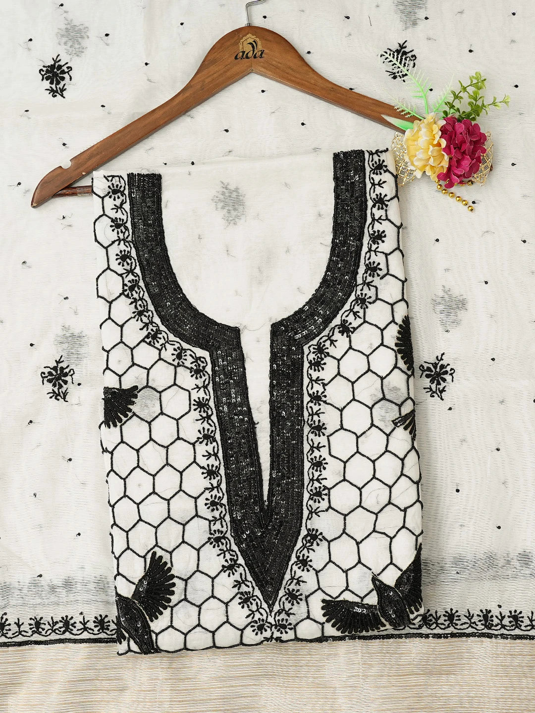 Ada Hand Embroidered White Chanderi Lucknowi Chikankari Unstitched Kurta Dupatta Set With Cutdana Work 01A741509
