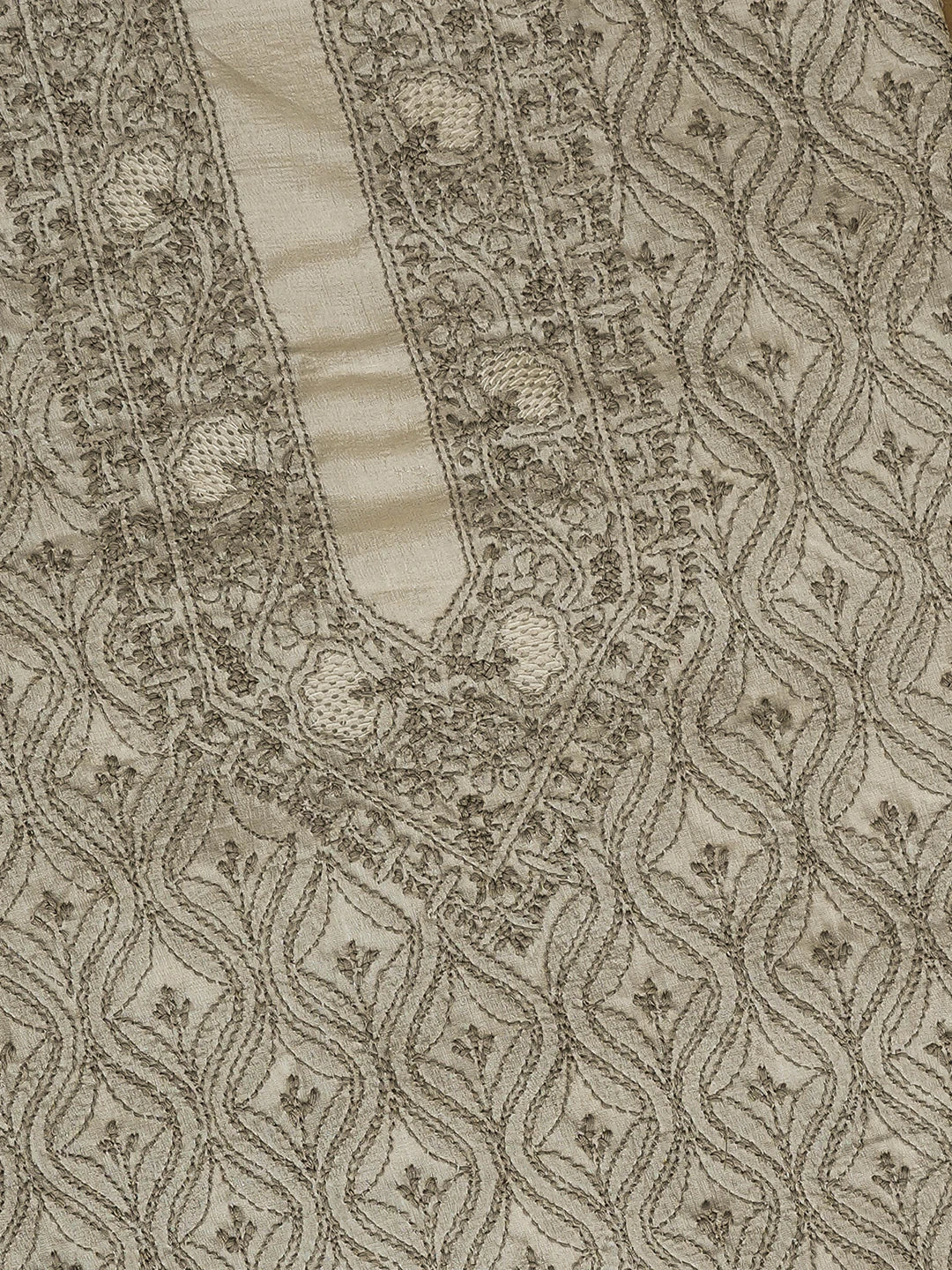 Ada Hand Embroidered Pearl Grey Silk Lucknowi Chikankari Unstitched Men's Kurta Piece 01A722197