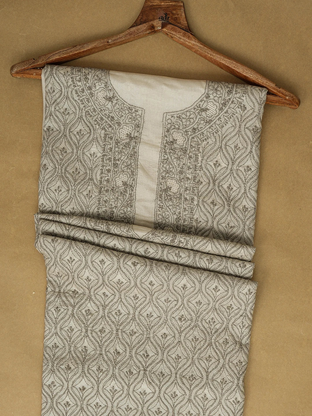 Ada Hand Embroidered Pearl Grey Silk Lucknowi Chikankari Unstitched Men's Kurta Piece 01A722197