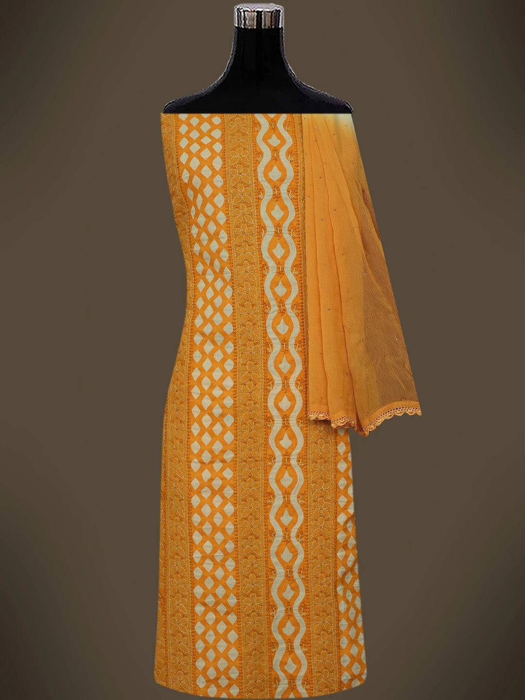 Ada Hand Embroidered Mustard Cotton Lucknowi Chikankari Unstitched Suit Piece 01A742022