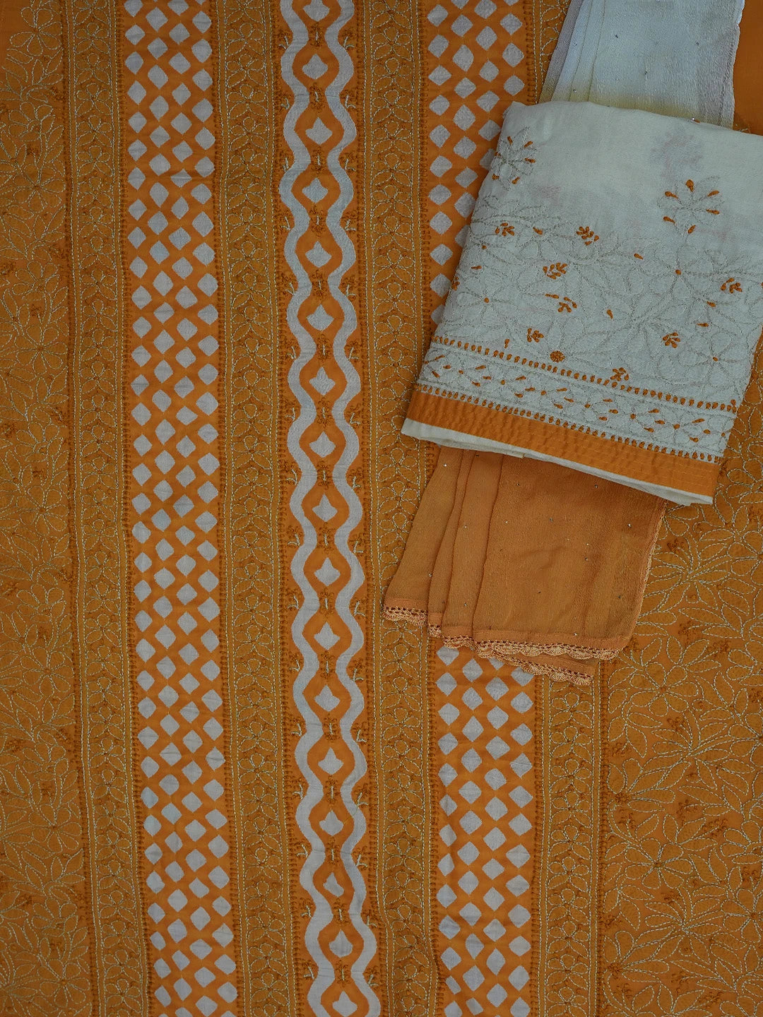 Ada Hand Embroidered Mustard Cotton Lucknowi Chikankari Unstitched Suit Piece 01A742022