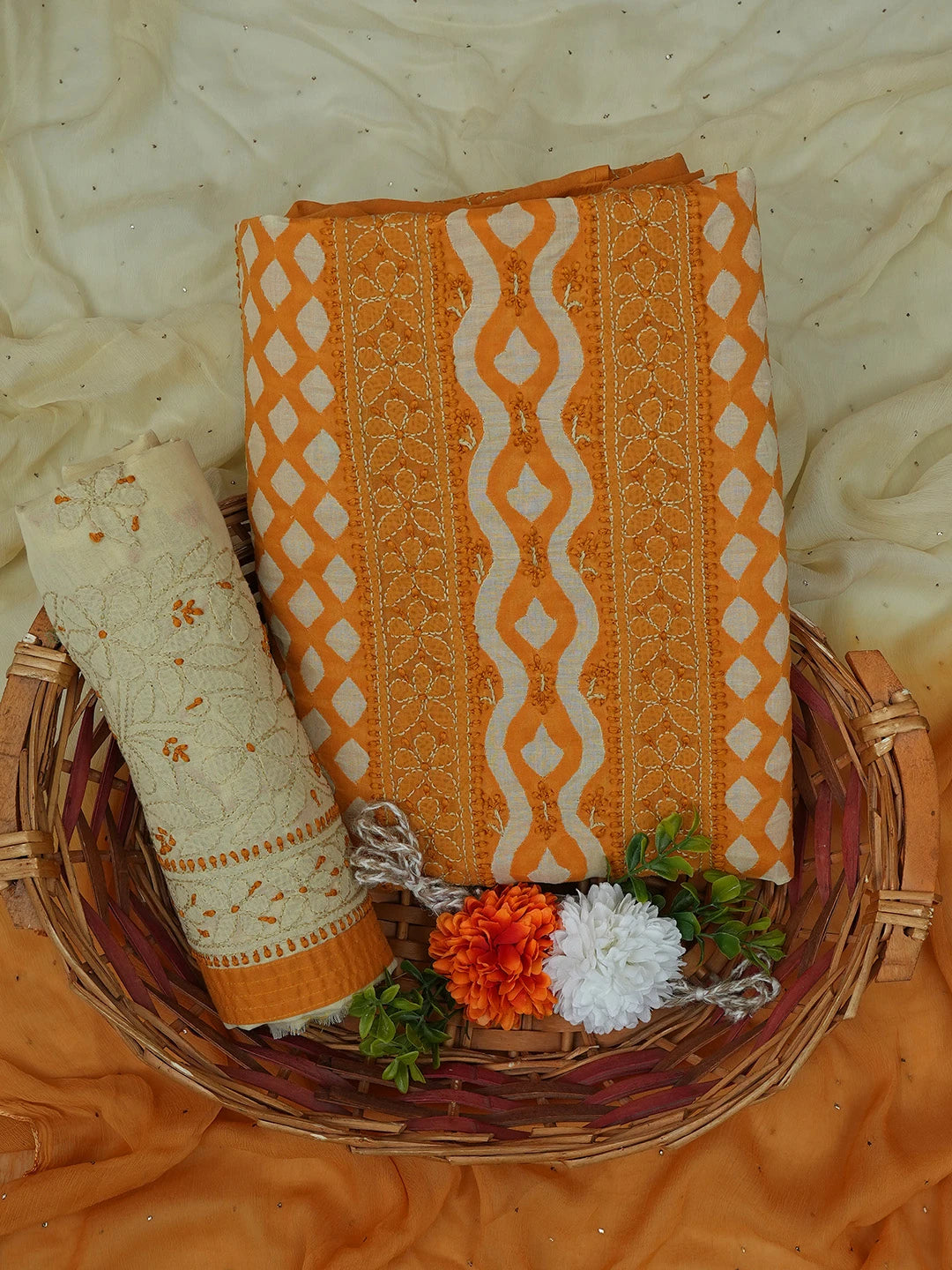 Ada Hand Embroidered Mustard Cotton Lucknowi Chikankari Unstitched Suit Piece 01A742022