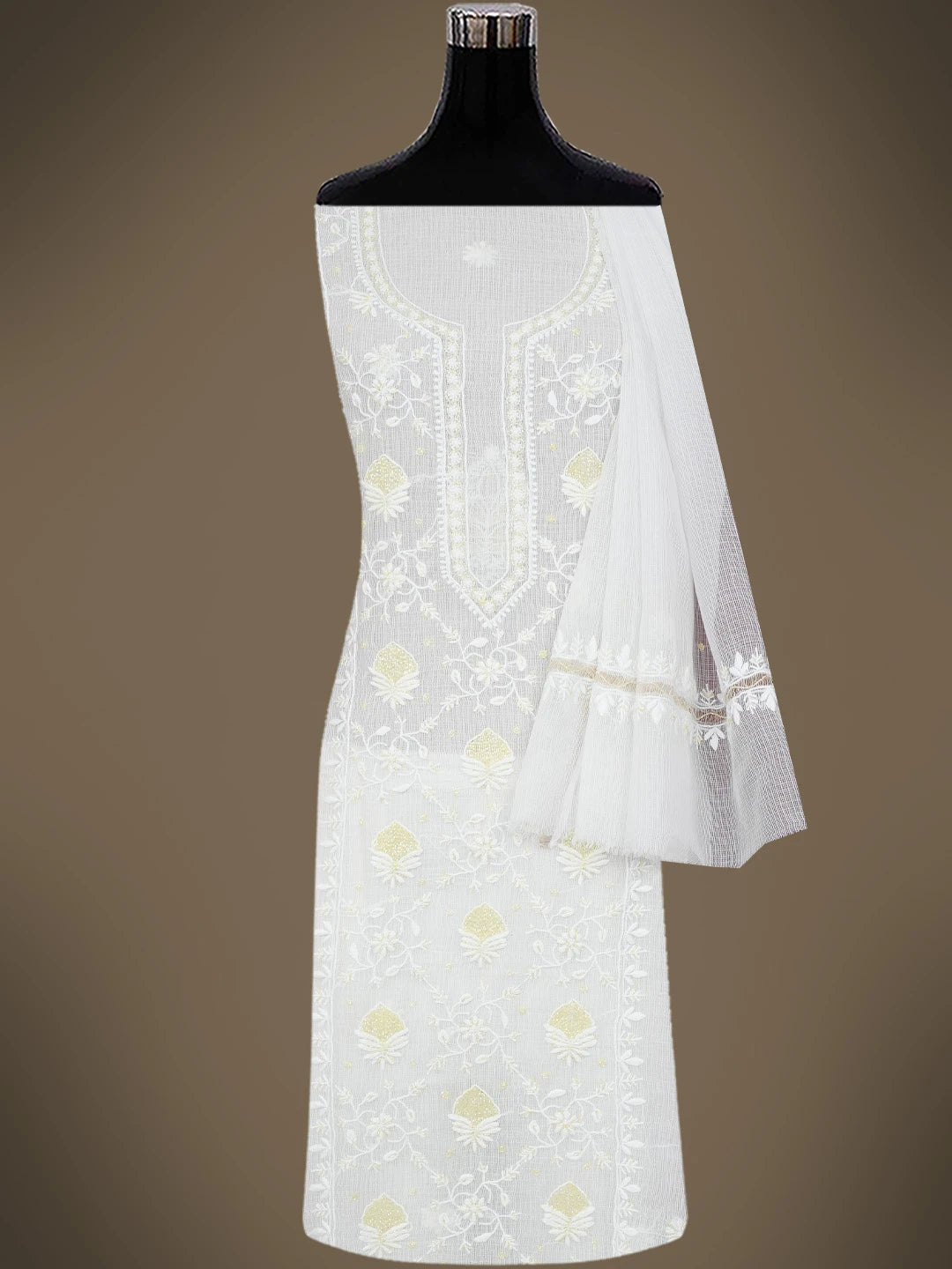 Ada Hand Embroidered White Kota Lucknowi Chikankari Unstitched Kurta Dupatta Set With Cutdana Work 01A749517