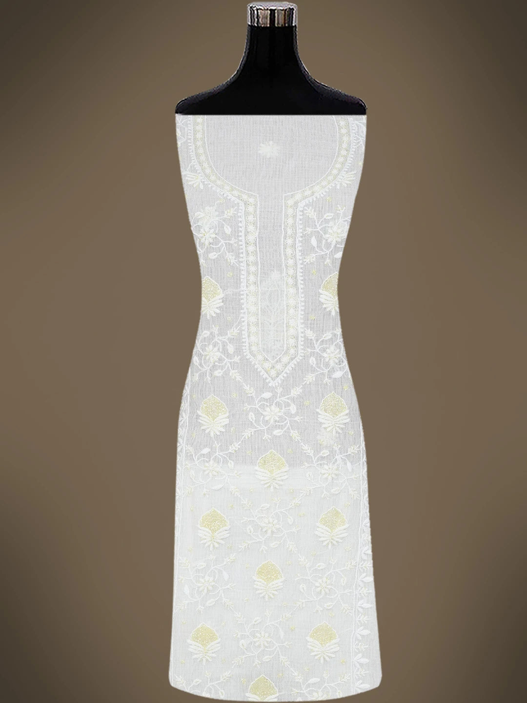 Ada Hand Embroidered White Kota Lucknowi Chikankari Unstitched Kurta Dupatta Set With Cutdana Work 01A749517