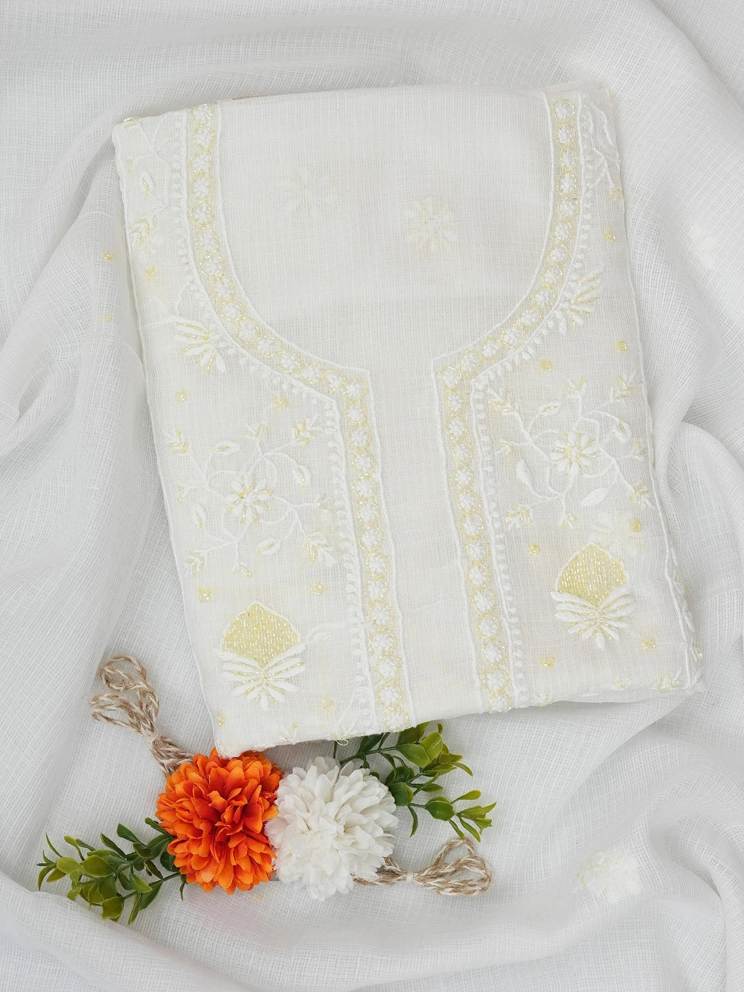 Ada Hand Embroidered White Kota Lucknowi Chikankari Unstitched Kurta Dupatta Set With Cutdana Work 01A749517