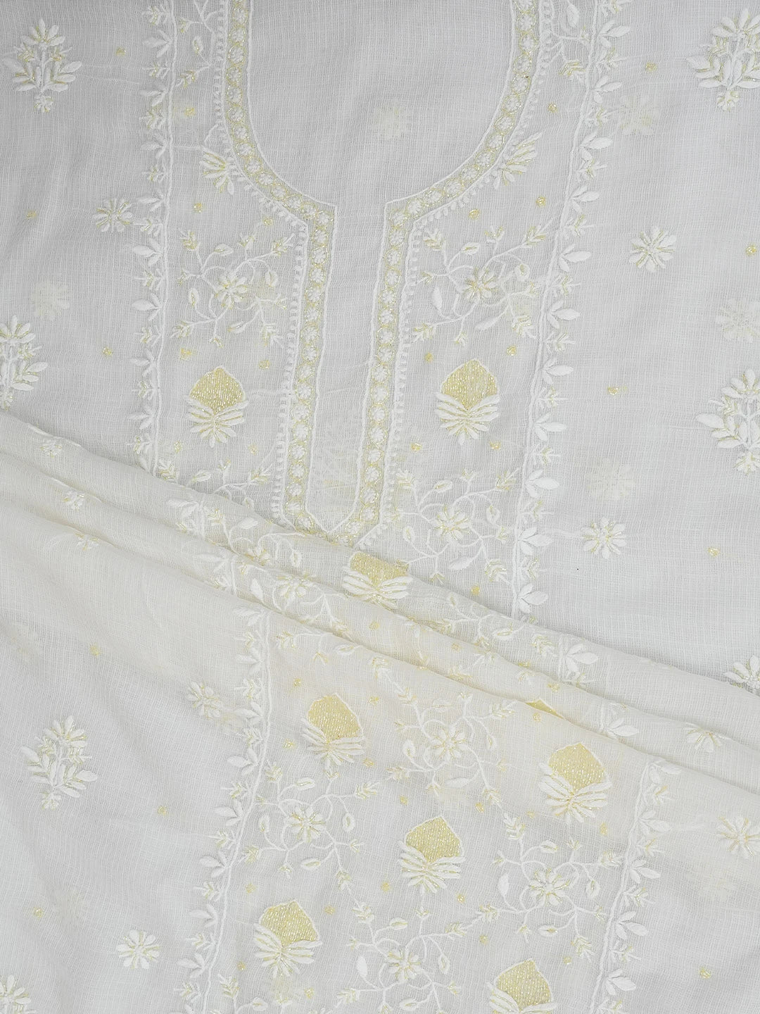 Ada Hand Embroidered White Kota Lucknowi Chikankari Unstitched Kurta Dupatta Set With Cutdana Work 01A749517