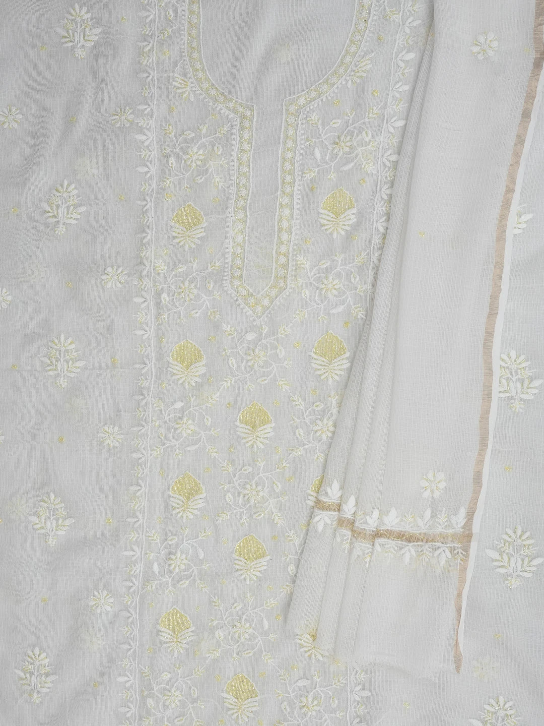 Ada Hand Embroidered White Kota Lucknowi Chikankari Unstitched Kurta Dupatta Set With Cutdana Work 01A749517