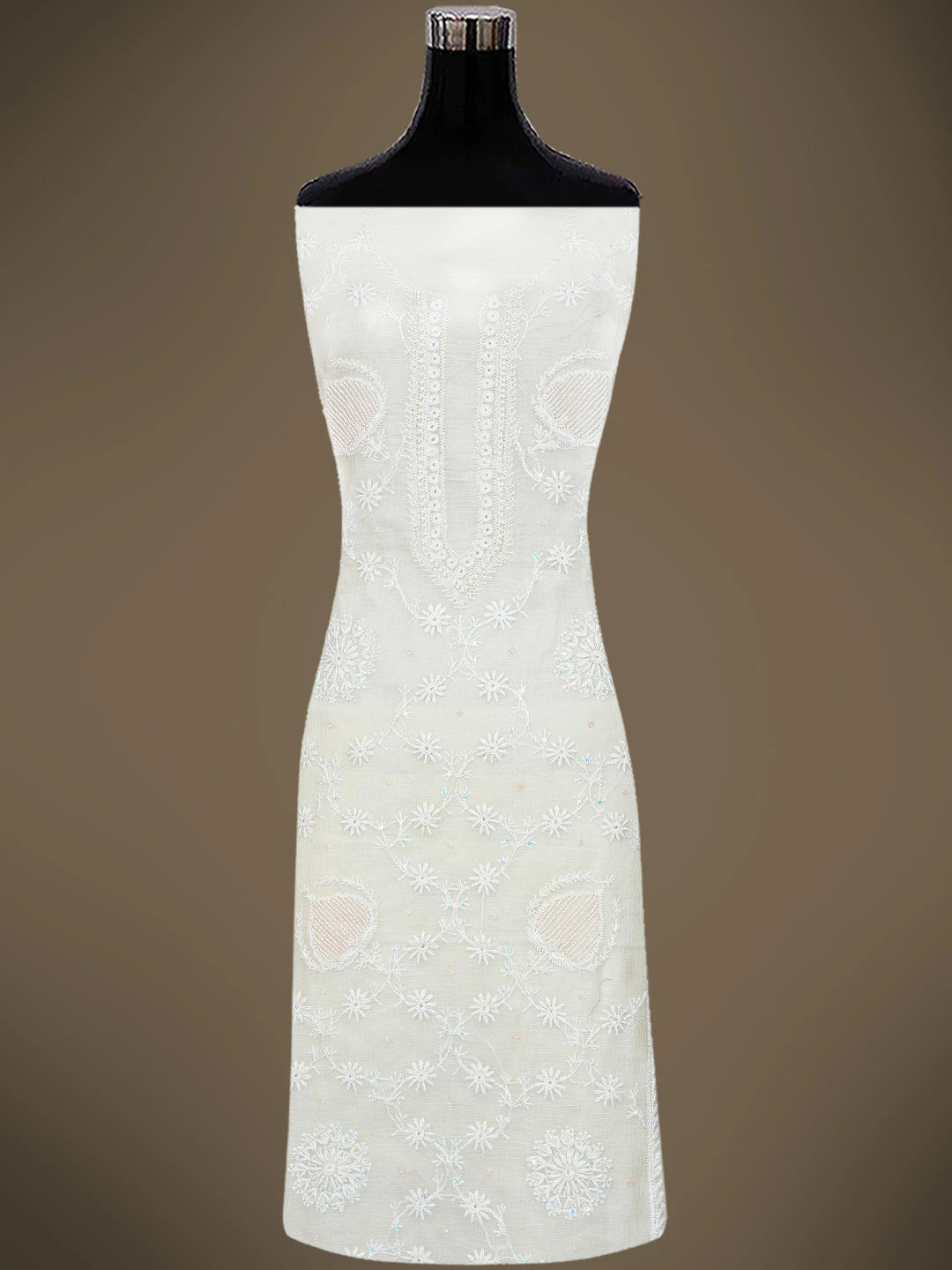 Ada Hand Embroidered White Cosmic Latte Kota Silk Lucknowi Chikankari Unstitched Kurta Dupatta Set With Cutdana Work 01A749521