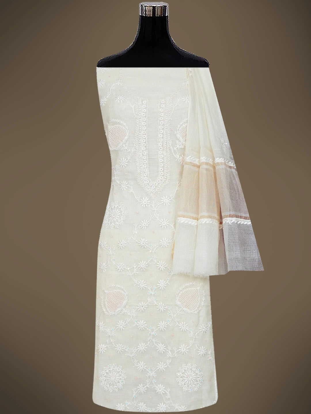 Ada Hand Embroidered White Cosmic Latte Kota Silk Lucknowi Chikankari Unstitched Kurta Dupatta Set With Cutdana Work 01A749521