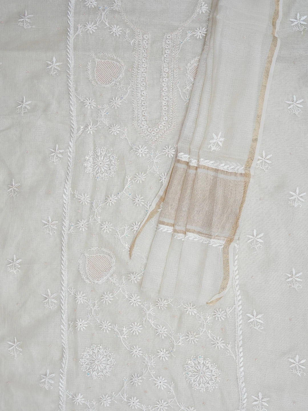 Ada Hand Embroidered White Cosmic Latte Kota Silk Lucknowi Chikankari Unstitched Kurta Dupatta Set With Cutdana Work 01A749521