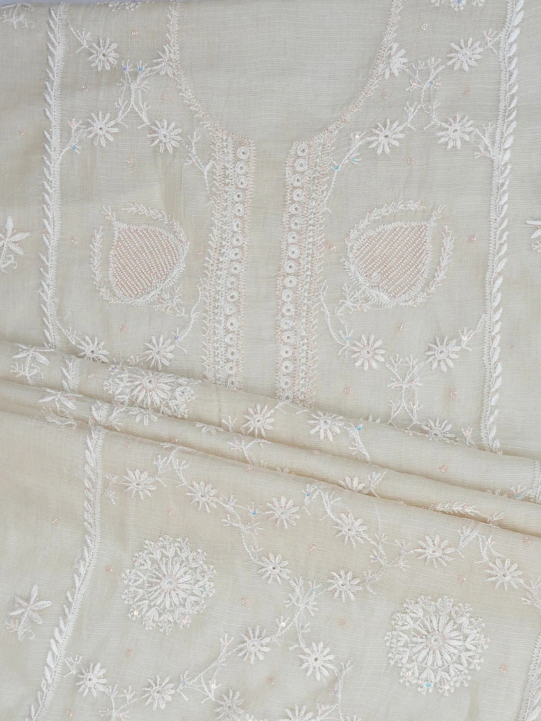 Ada Hand Embroidered White Cosmic Latte Kota Silk Lucknowi Chikankari Unstitched Kurta Dupatta Set With Cutdana Work 01A749521
