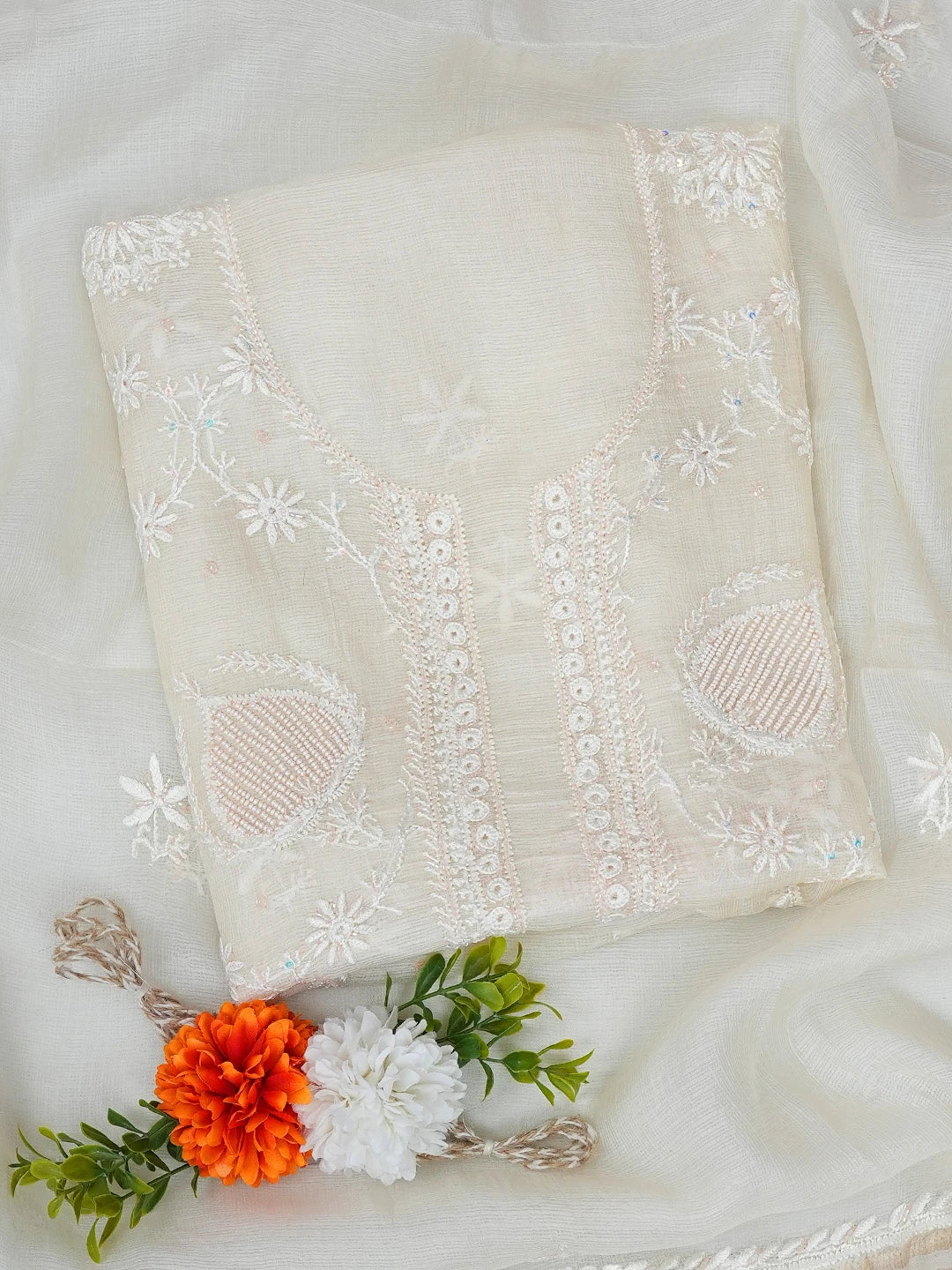 Ada Hand Embroidered White Cosmic Latte Kota Silk Lucknowi Chikankari Unstitched Kurta Dupatta Set With Cutdana Work 01A749521