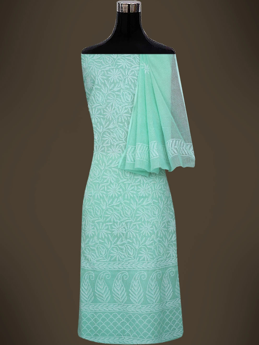 Ada Hand Embroidered Sea Green Kota Lucknowi Chikankari Unstitched Kurta Dupatta Set 01A751292