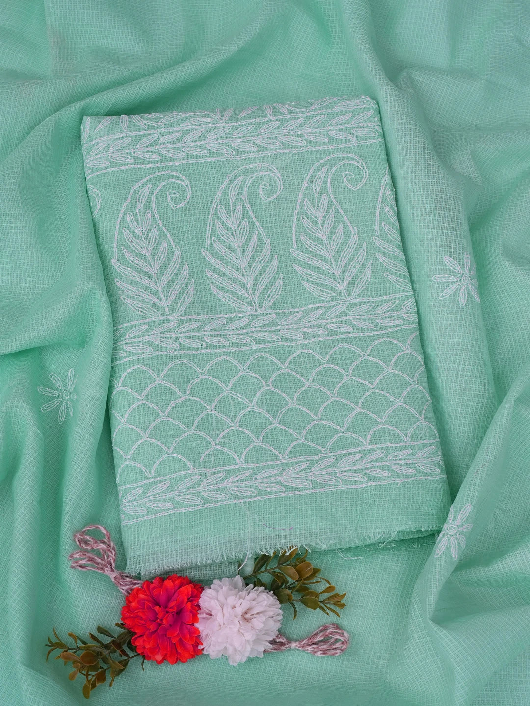 Ada Hand Embroidered Sea Green Kota Lucknowi Chikankari Unstitched Kurta Dupatta Set 01A751292