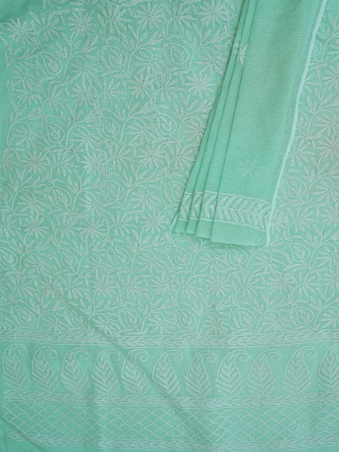 Ada Hand Embroidered Sea Green Kota Lucknowi Chikankari Unstitched Kurta Dupatta Set 01A751292