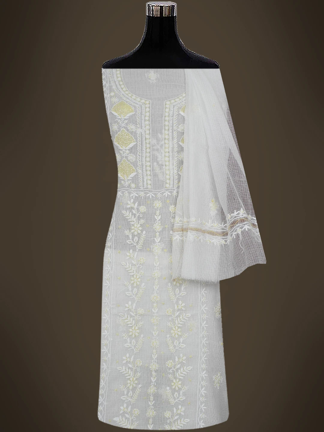 Ada Hand Embroidered White Kota Lucknowi Chikankari Unstitched Kurta Dupatta Set With Cutdana Work 01A749516