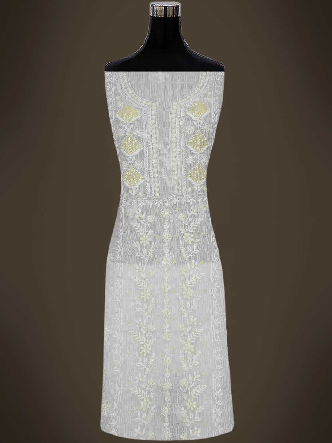 Ada Hand Embroidered White Kota Lucknowi Chikankari Unstitched Kurta Dupatta Set With Cutdana Work 01A749516