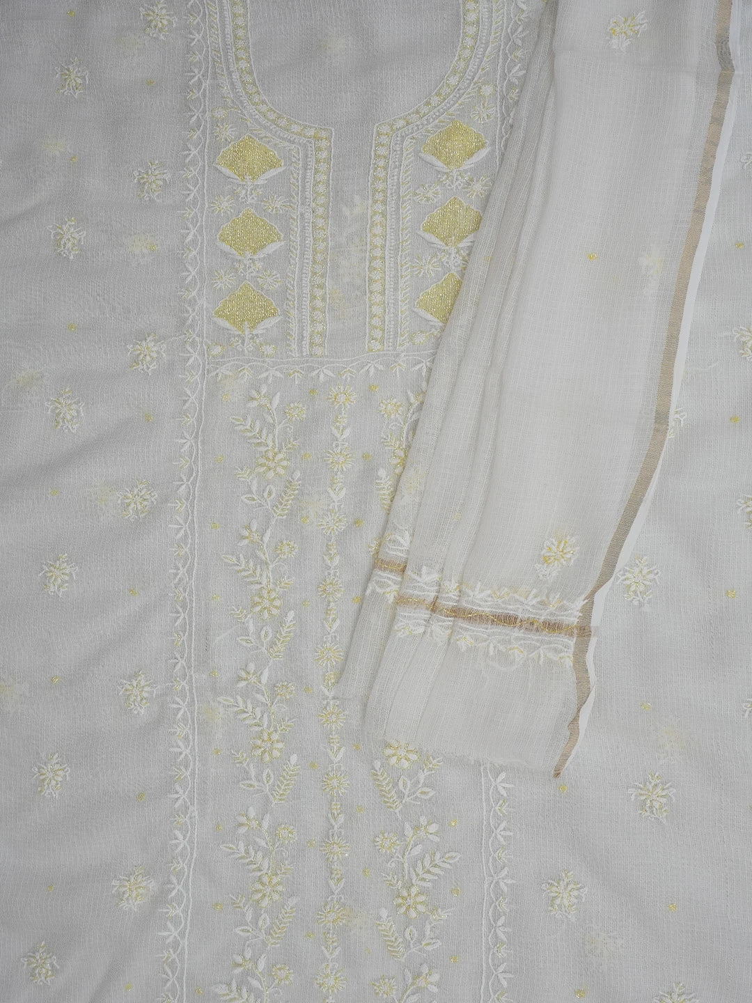 Ada Hand Embroidered White Kota Lucknowi Chikankari Unstitched Kurta Dupatta Set With Cutdana Work 01A749516