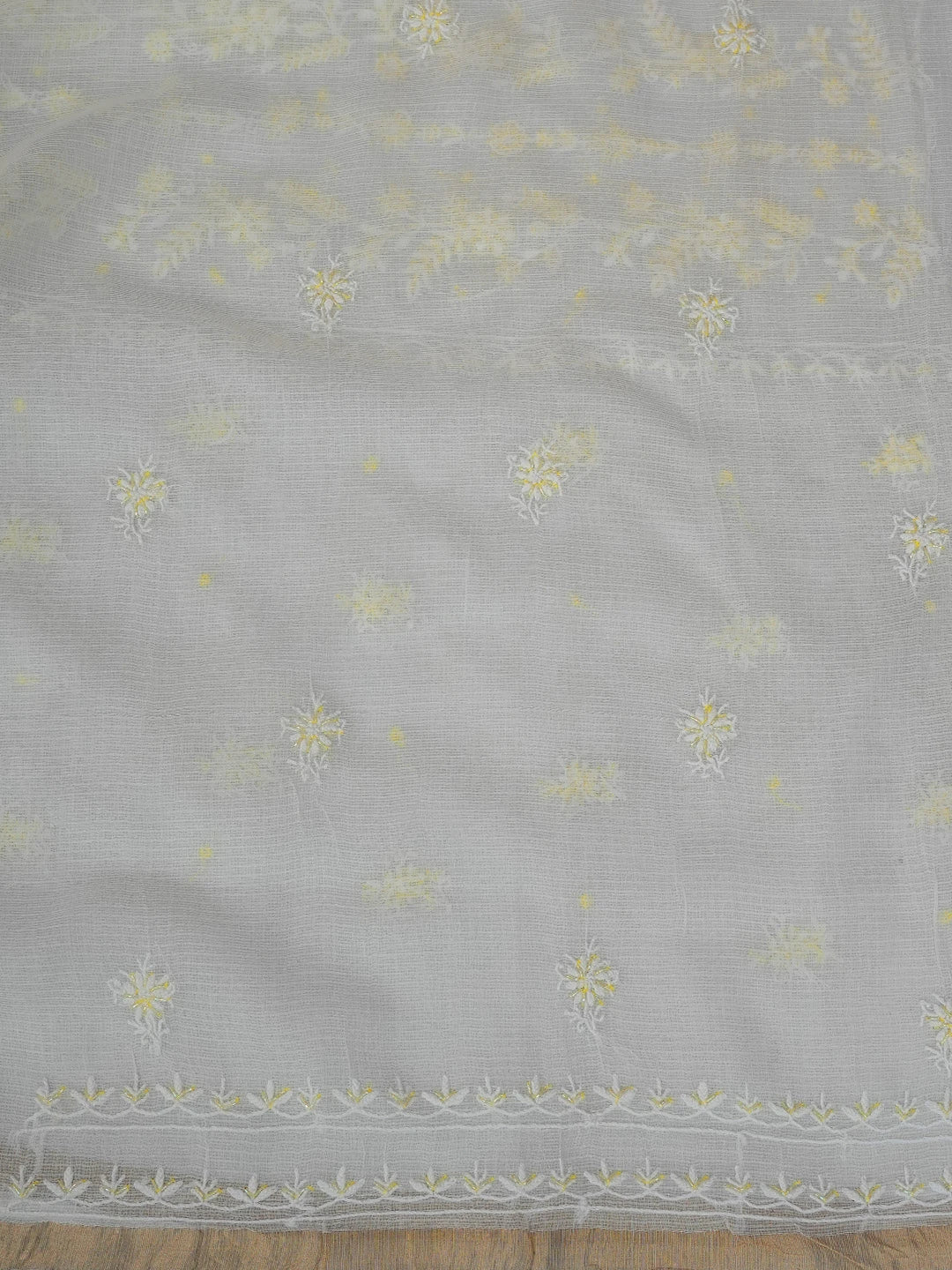 Ada Hand Embroidered White Kota Lucknowi Chikankari Unstitched Kurta Dupatta Set With Cutdana Work 01A749516