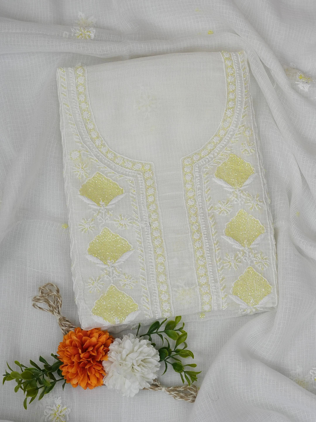 Ada Hand Embroidered White Kota Lucknowi Chikankari Unstitched Kurta Dupatta Set With Cutdana Work 01A749516