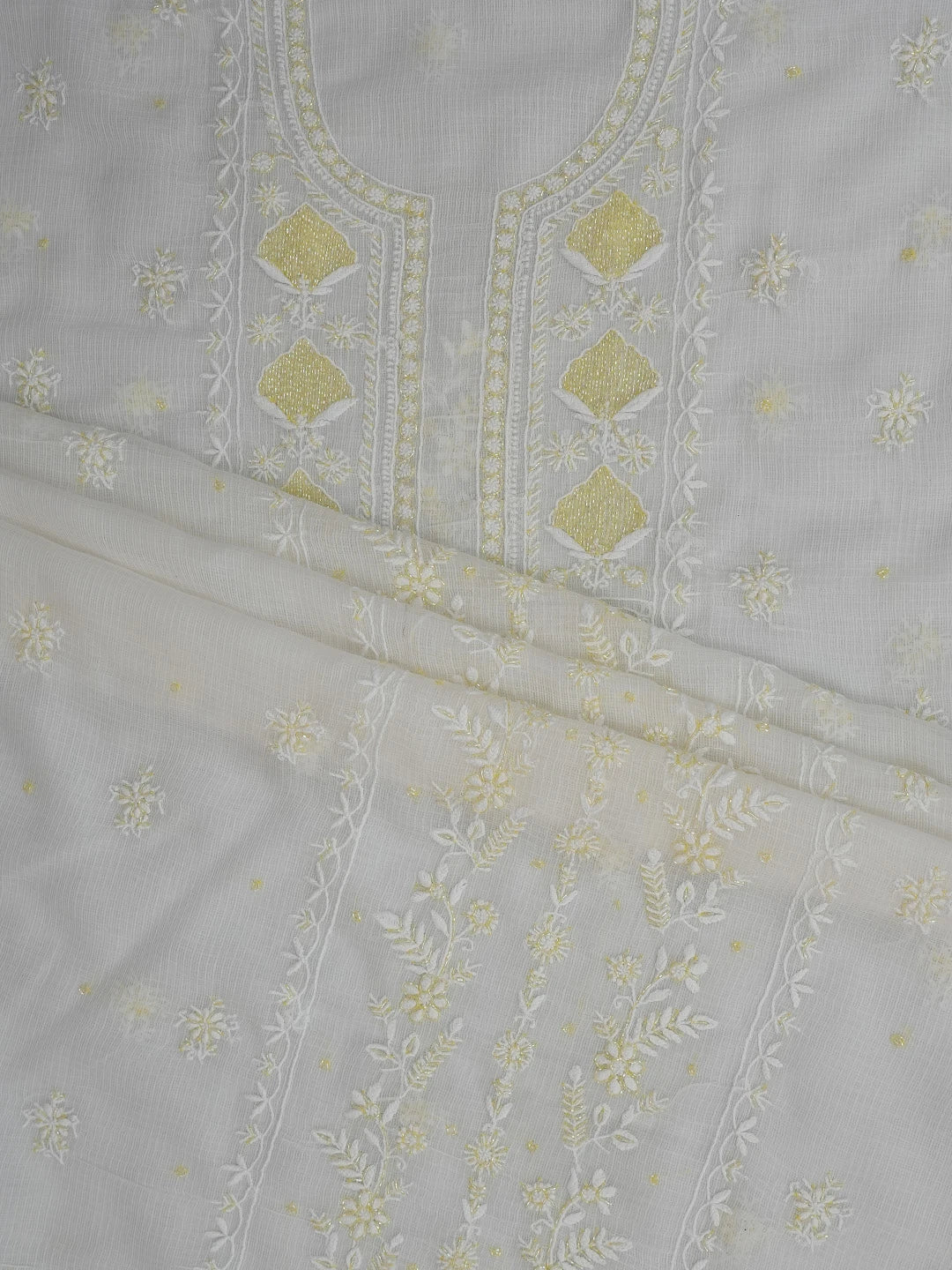 Ada Hand Embroidered White Kota Lucknowi Chikankari Unstitched Kurta Dupatta Set With Cutdana Work 01A749516