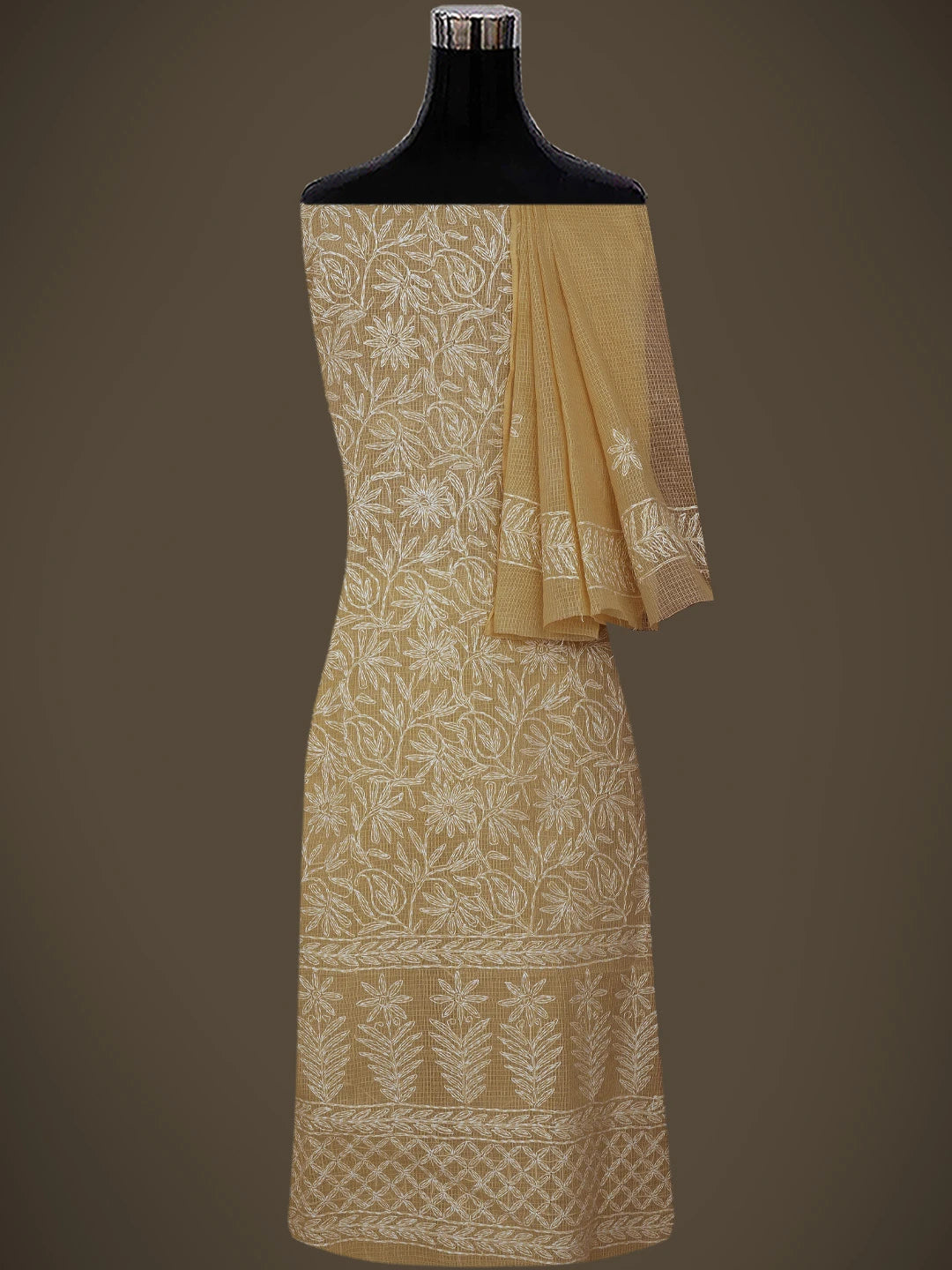 Ada Hand Embroidered Fawn Kota Lucknowi Chikankari Unstitched Kurta Dupatta Set 01A751301