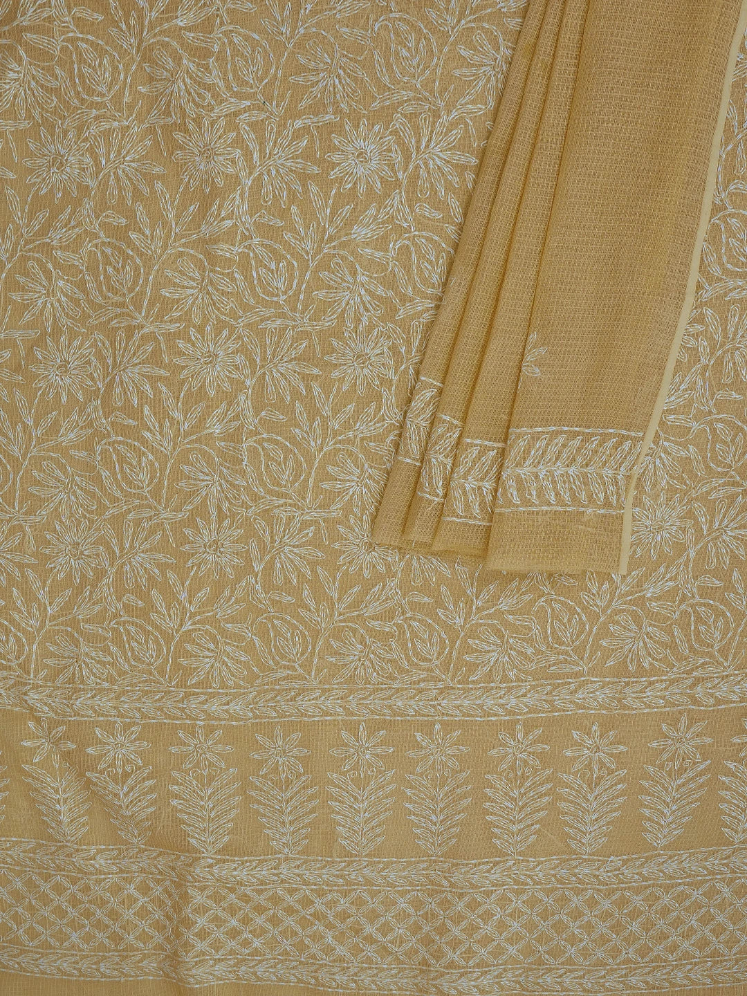 Ada Hand Embroidered Fawn Kota Lucknowi Chikankari Unstitched Kurta Dupatta Set 01A751301