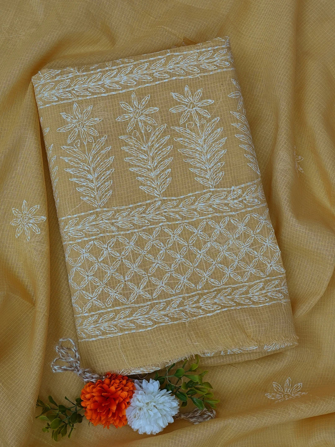 Ada Hand Embroidered Fawn Kota Lucknowi Chikankari Unstitched Kurta Dupatta Set 01A751301