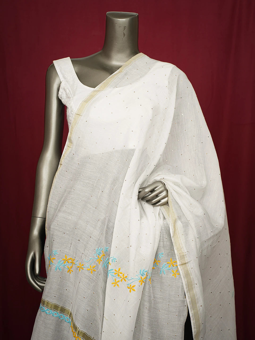 Ada Hand Embroidered White Chanderi Lucknowi Chikankari Dupatta With Mukaish Work A489089