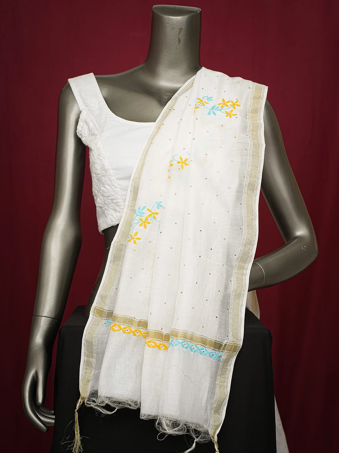 Ada Hand Embroidered White Chanderi Lucknowi Chikankari Dupatta With Mukaish Work A489089