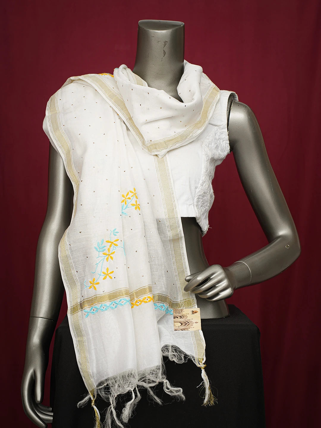 Ada Hand Embroidered White Chanderi Lucknowi Chikankari Dupatta With Mukaish Work A489089