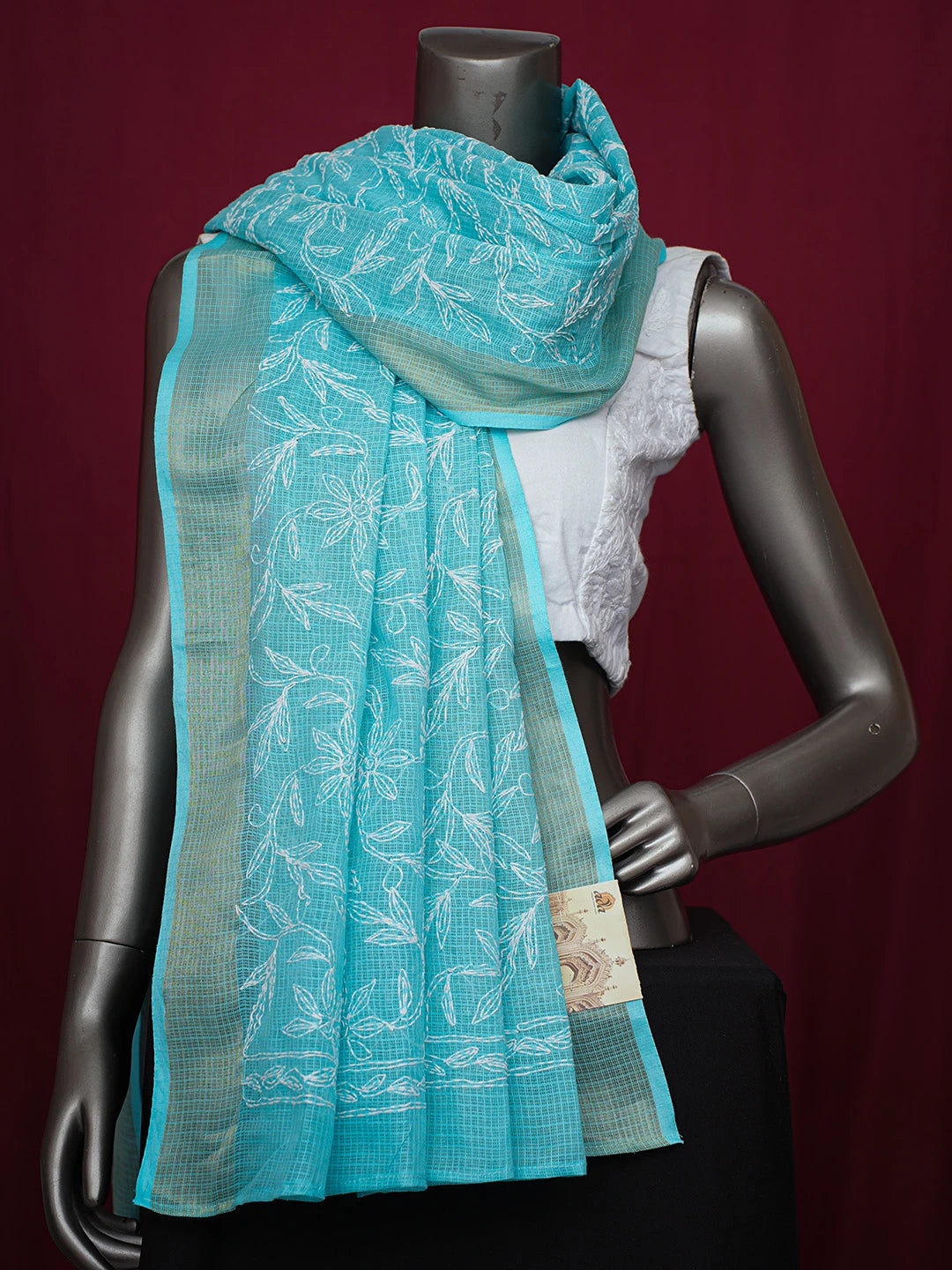 Ada Hand Embroidered Sky Blue Kota Lucknowi Chikankari Dupatta 01A610842