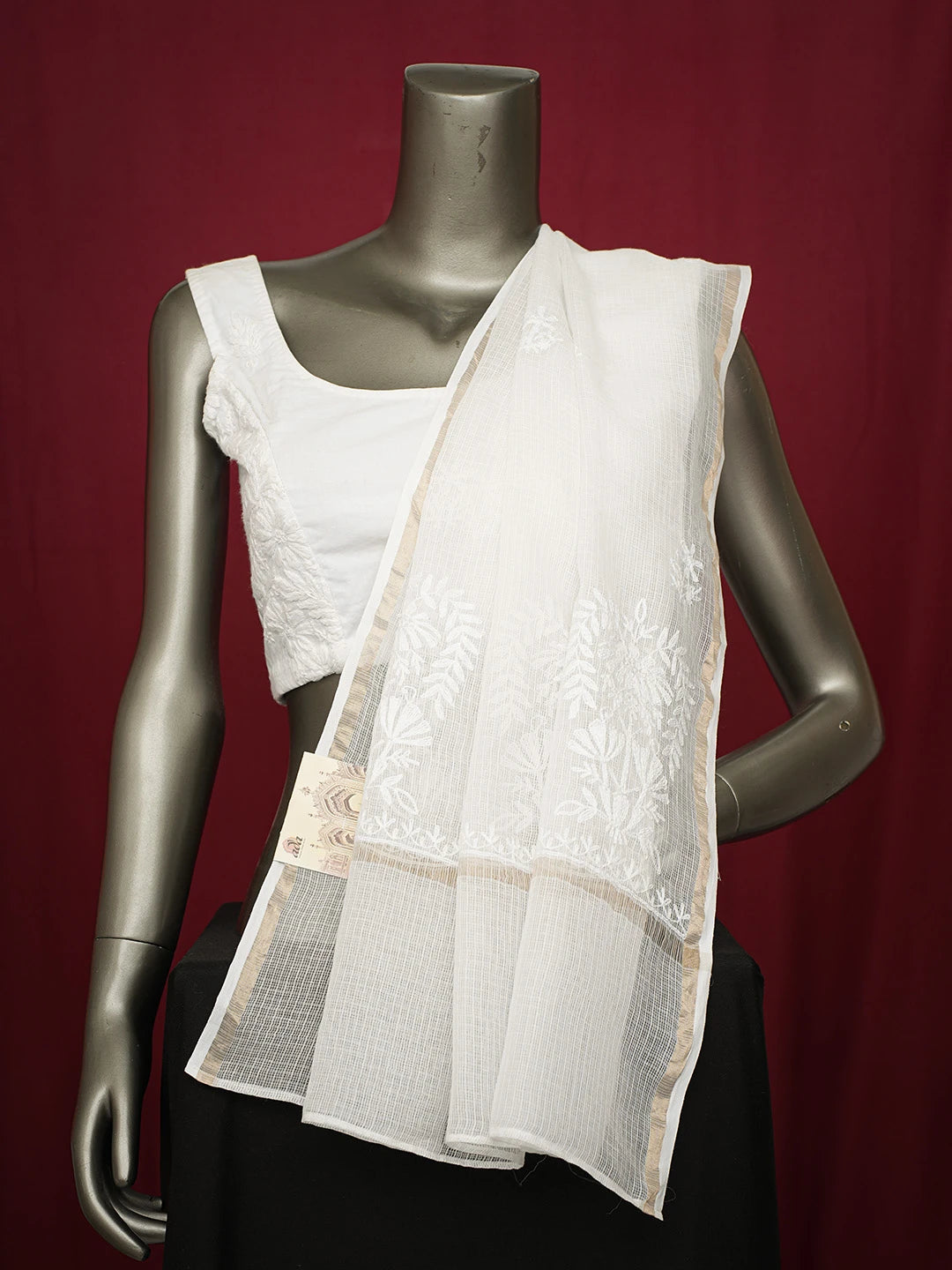 Ada Hand Embroidered White Kota Lucknowi Chikankari Dupatta 01A680899