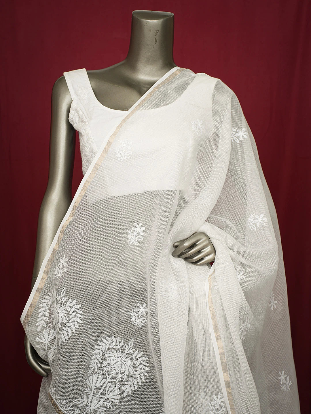Ada Hand Embroidered White Kota Lucknowi Chikankari Dupatta 01A680899